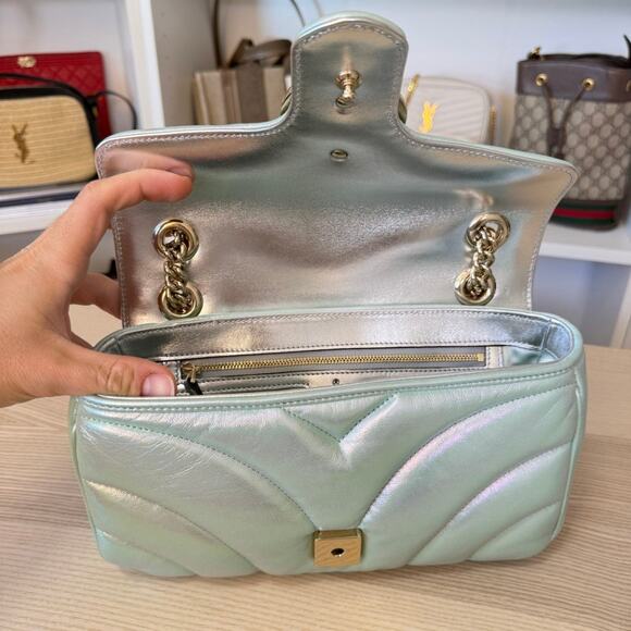 Gucci Iridescent Chevron Matelasse Small GG Marmont Shoulder Iridescent Green - Picture 7 of 10